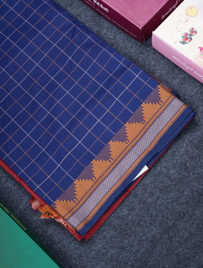 Navy Blue Thread Work Checks Pure Silk Cotton Saree With Contrast Reddish Maroon Blouse