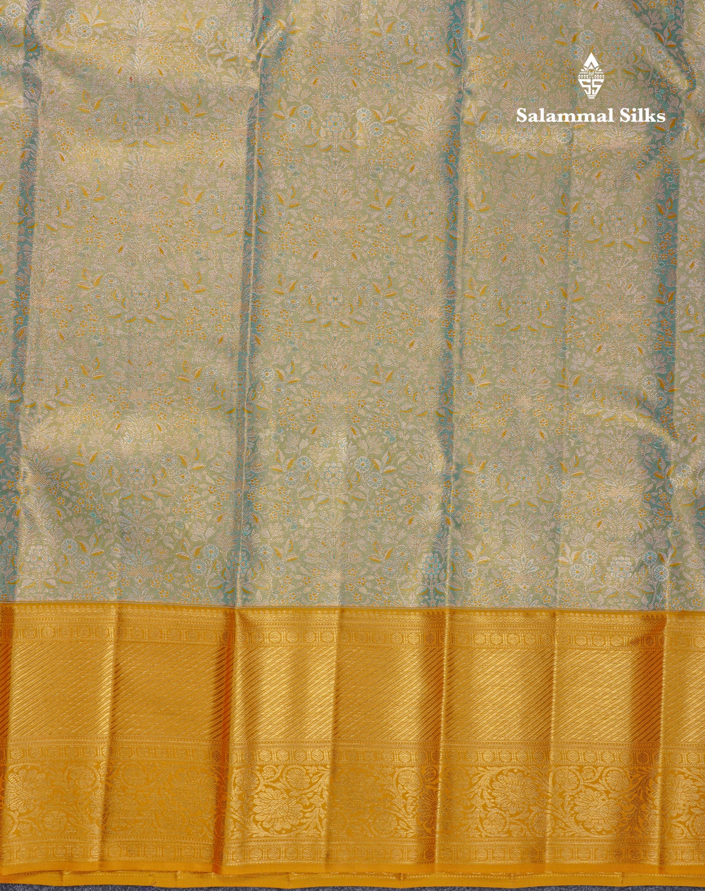 Beautiful Sapphire Green Tissue Bridal Pure Kanjivaram Silk Saree With Contrast Mustard Yellow Traditional Border