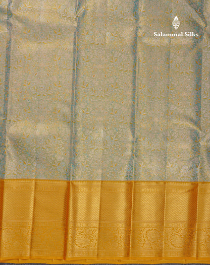 Beautiful Sapphire Green Tissue Bridal Pure Kanjivaram Silk Saree With Contrast Mustard Yellow Traditional Border