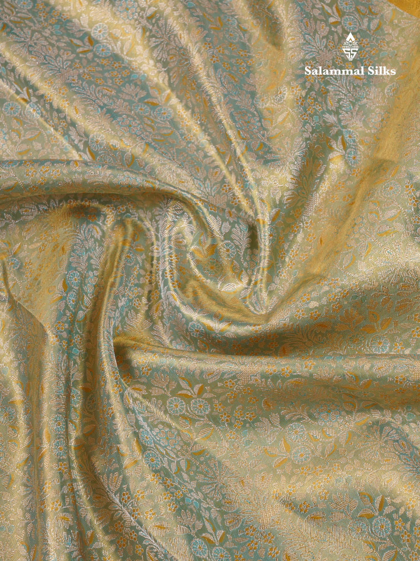 Beautiful Sapphire Green Tissue Bridal Pure Kanjivaram Silk Saree With Contrast Mustard Yellow Traditional Border