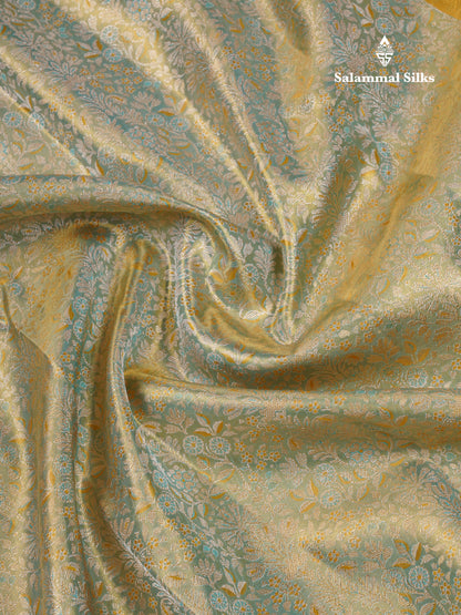 Beautiful Sapphire Green Tissue Bridal Pure Kanjivaram Silk Saree With Contrast Mustard Yellow Traditional Border
