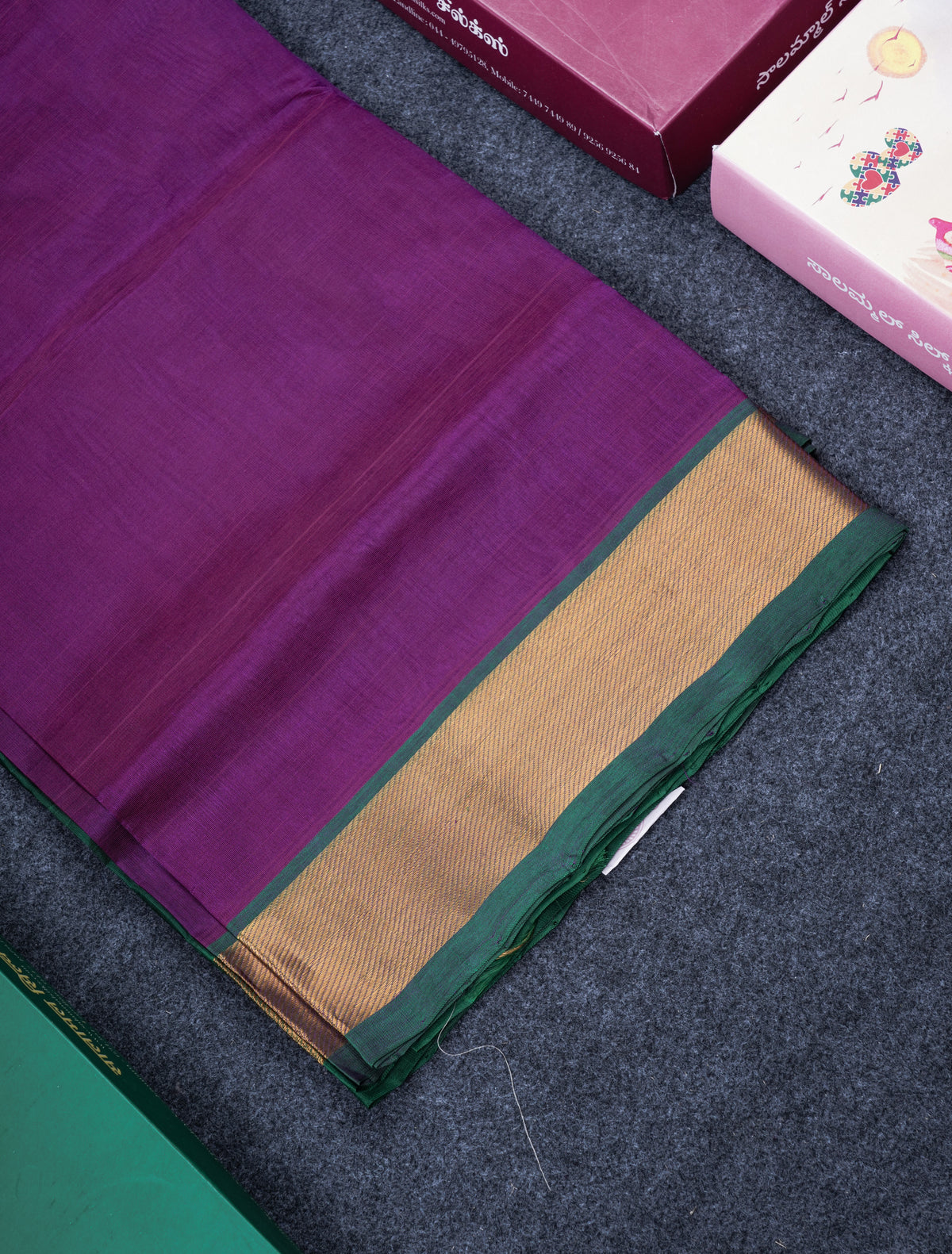 Dark Purple Plain Pure Silk Cotton Saree With Contrast Bottle Green Blouse