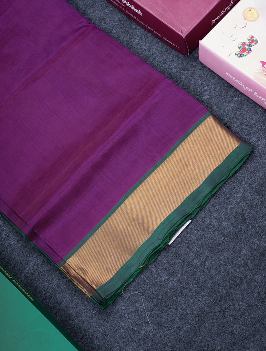 Dark Purple Plain Pure Silk Cotton Saree With Contrast Bottle Green Blouse