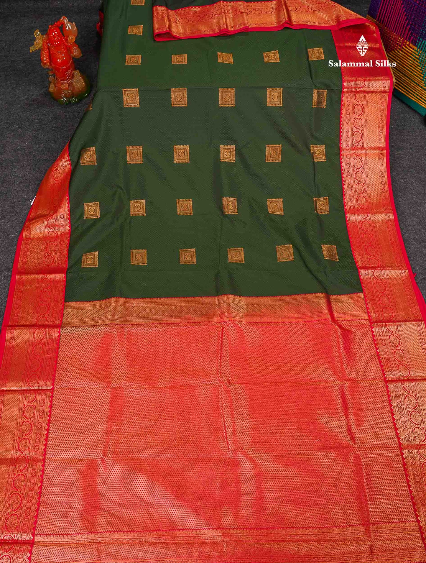 Semi Silk Saree - Bottle Green Colour Body Butta With Contrast Redish Pink Traditional Border