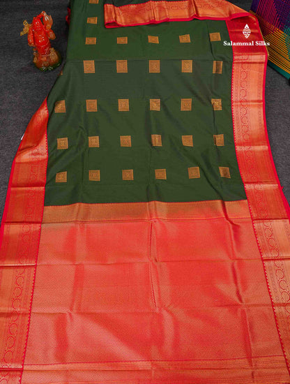 Semi Silk Saree - Bottle Green Colour Body Butta With Contrast Redish Pink Traditional Border