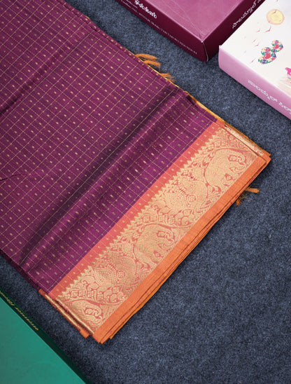 Magenta Lakshadeepam Pure Silk Cotton Saree With Contrast Mustard Yellow Blouse