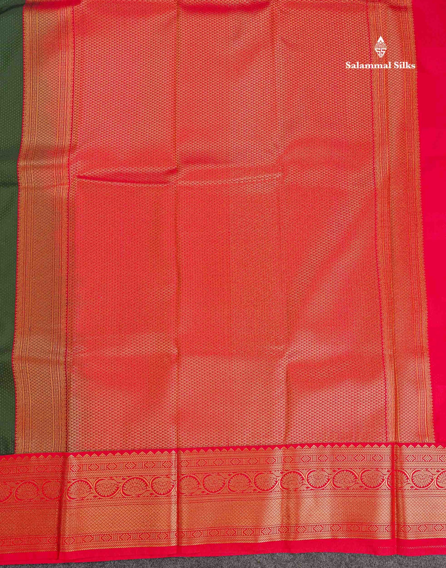 Semi Silk Saree - Bottle Green Colour Body Butta With Contrast Redish Pink Traditional Border