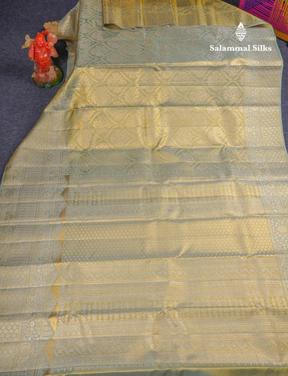 Beautiful Light Green Tissue Bridal Pure Kanjivaram Silk Saree With Contrast Moss Green Fancy Border