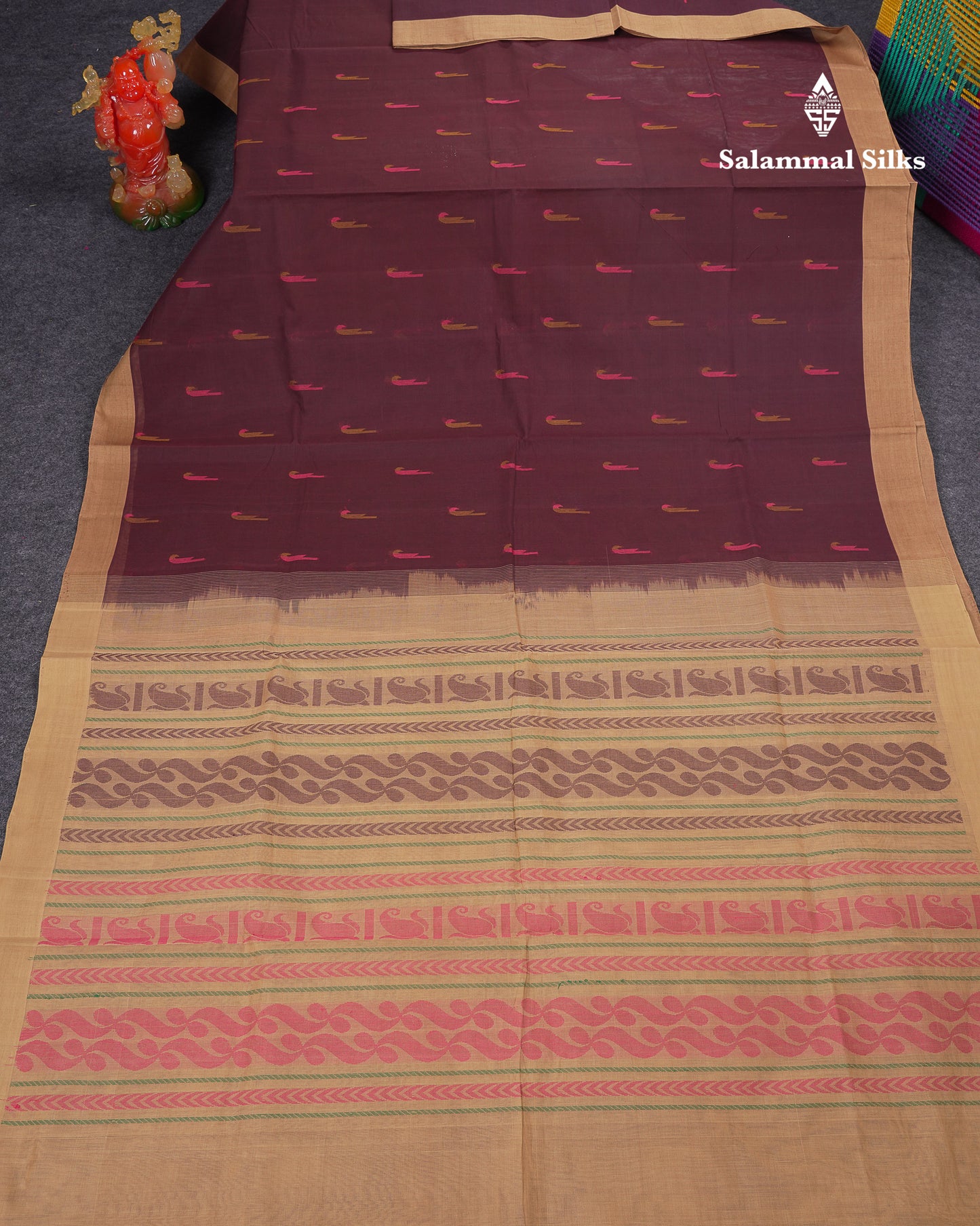 Beautiful Dark Brown Thread Work Butta Handloom Pure Cotton Saree With Contrast Sandal Blouse