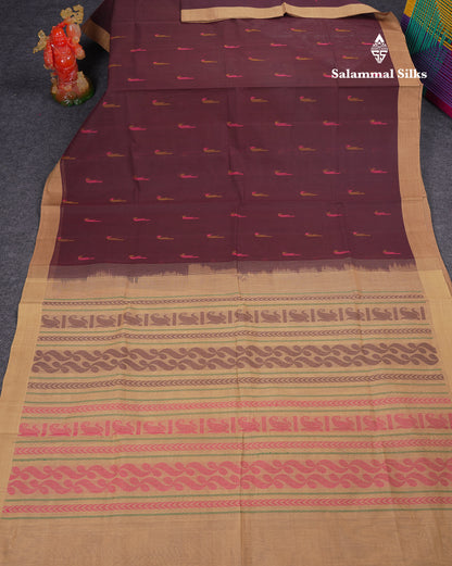 Beautiful Dark Brown Thread Work Butta Handloom Pure Cotton Saree With Contrast Sandal Blouse