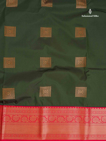 Semi Silk Saree - Bottle Green Colour Body Butta With Contrast Redish Pink Traditional Border