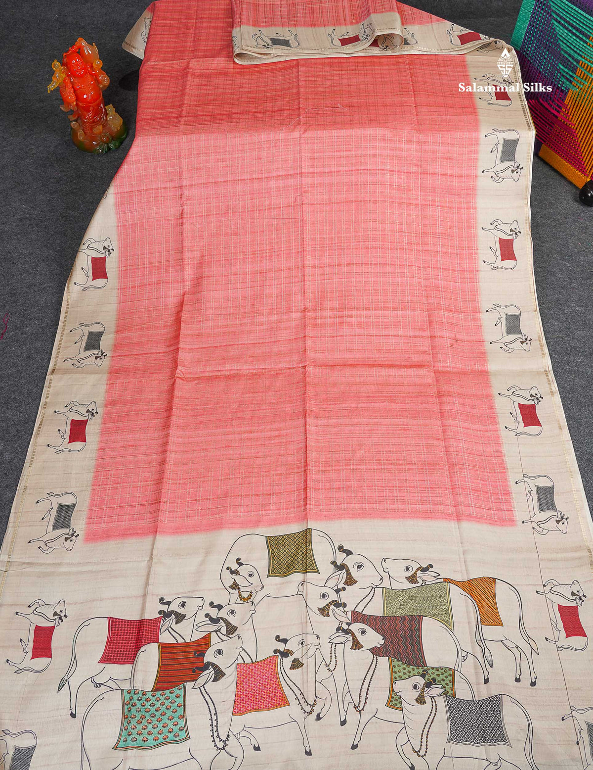 Semi Tussar Saree - Peach Colour Body With Contrast Half White Fancy Border