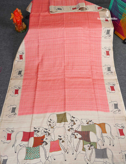 Semi Tussar Saree - Peach Colour Body With Contrast Half White Fancy Border