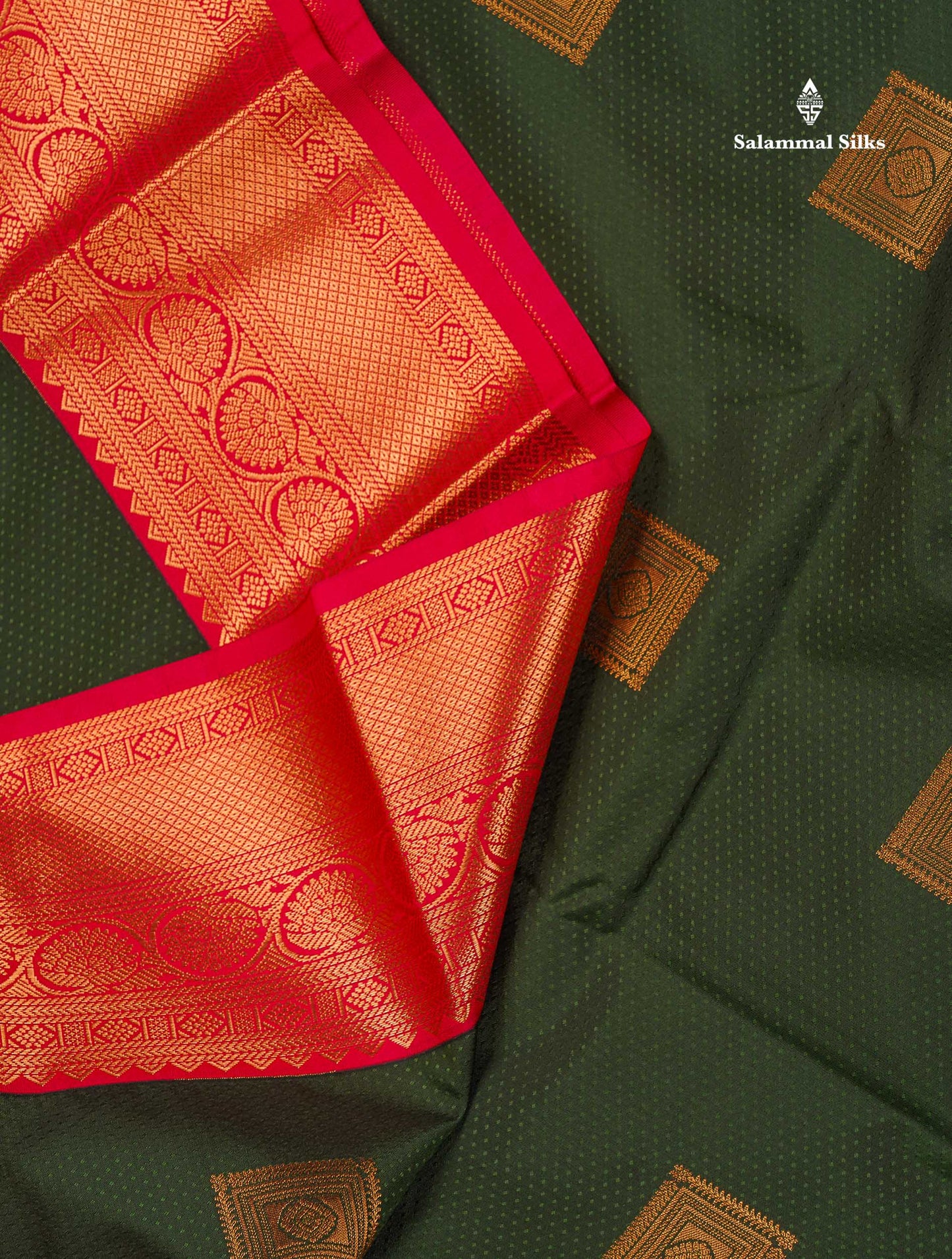 Semi Silk Saree - Bottle Green Colour Body Butta With Contrast Redish Pink Traditional Border