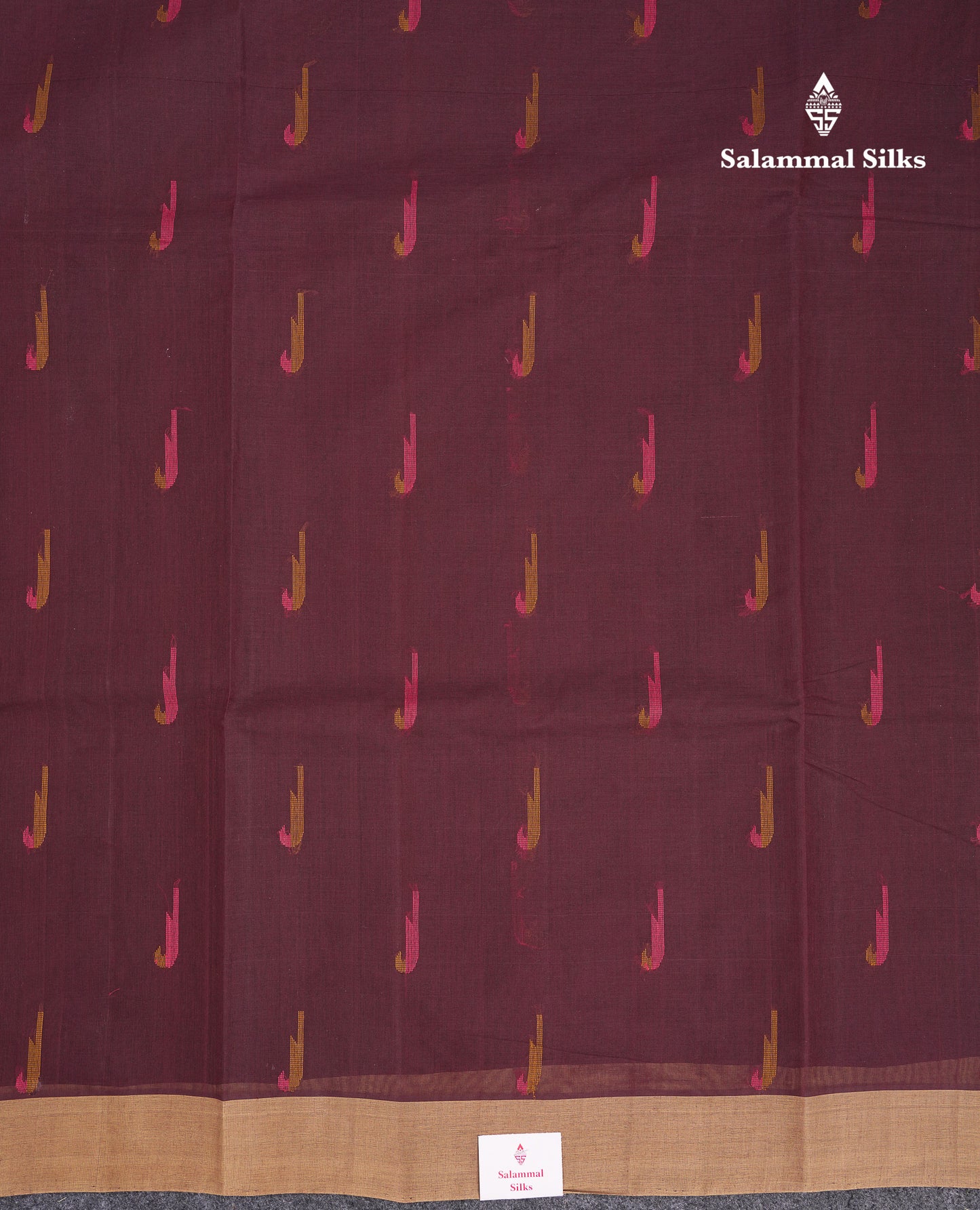 Beautiful Dark Brown Thread Work Butta Handloom Pure Cotton Saree With Contrast Sandal Blouse