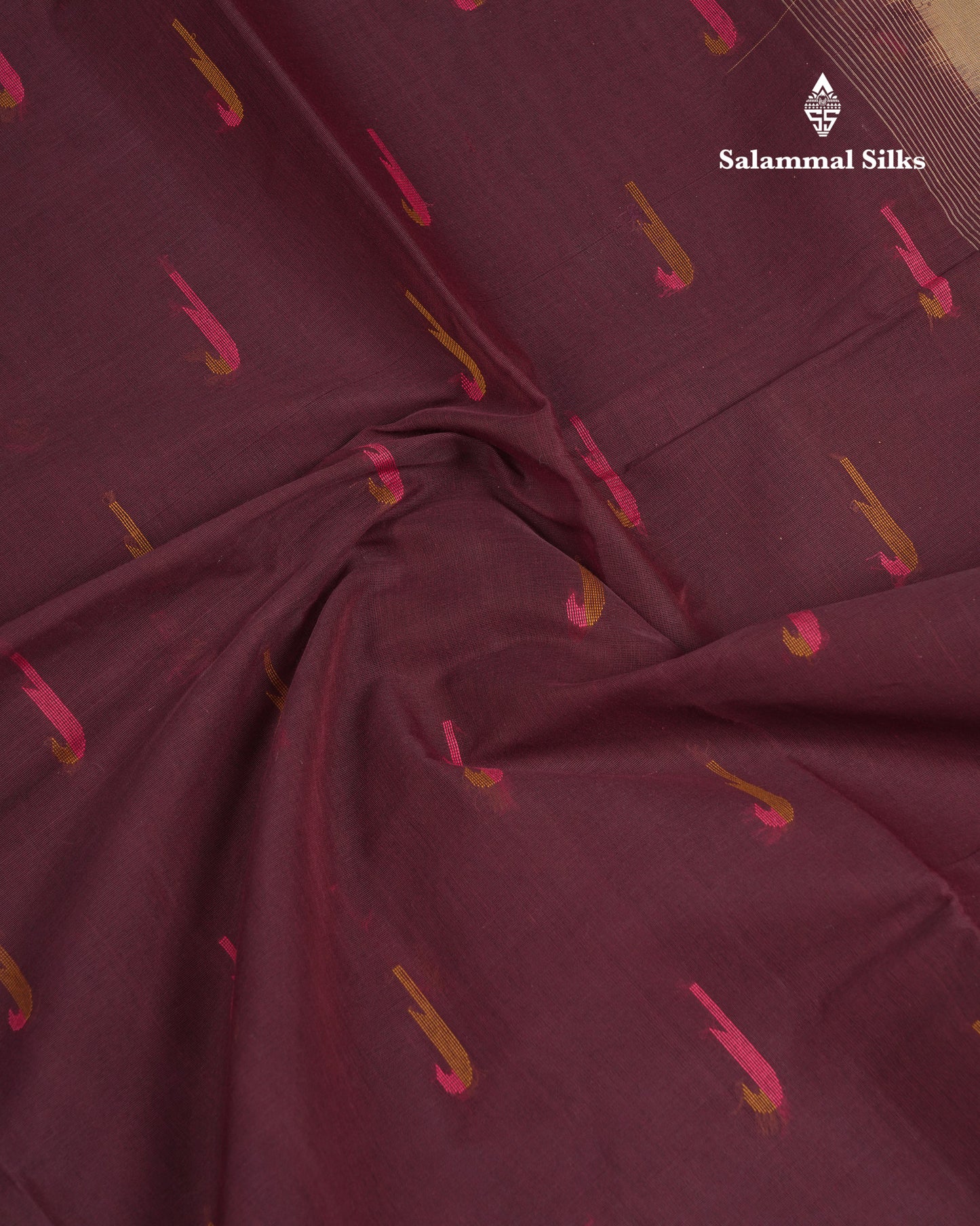Beautiful Dark Brown Thread Work Butta Handloom Pure Cotton Saree With Contrast Sandal Blouse