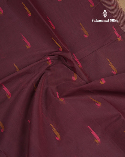 Beautiful Dark Brown Thread Work Butta Handloom Pure Cotton Saree With Contrast Sandal Blouse