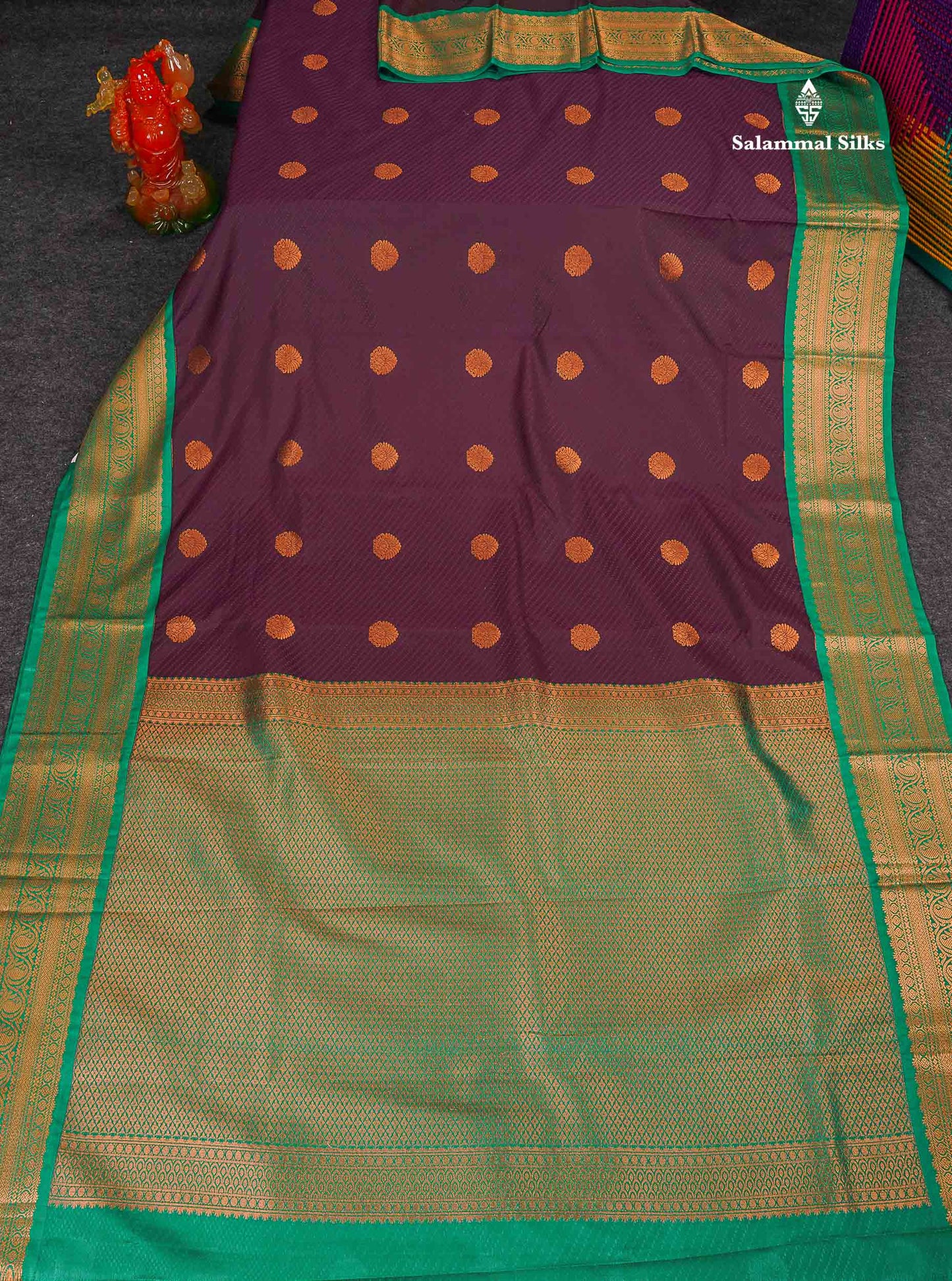 Semi Silk Saree - Dark Purple Colour Body Butta With Contrast  Sapphire Green Traditional Border