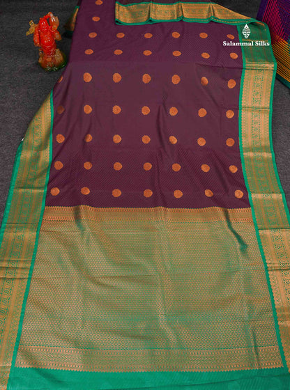 Semi Silk Saree - Dark Purple Colour Body Butta With Contrast  Sapphire Green Traditional Border