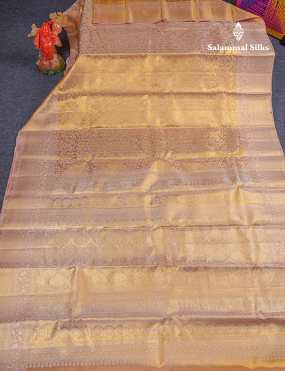 Beautiful Dark Sandal Tissue Bridal Pure Kanjivaram Silk Saree With Contrast Peach Fancy Border
