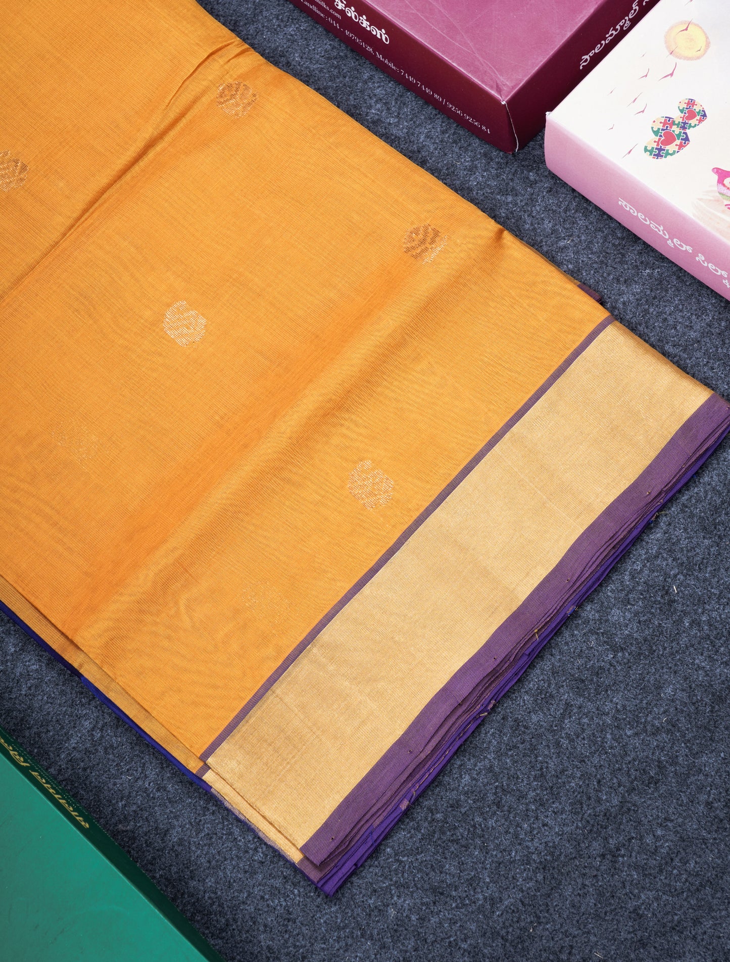 Mustard Yellow Pure Silk Cotton Saree With Contrast Violet Blouse