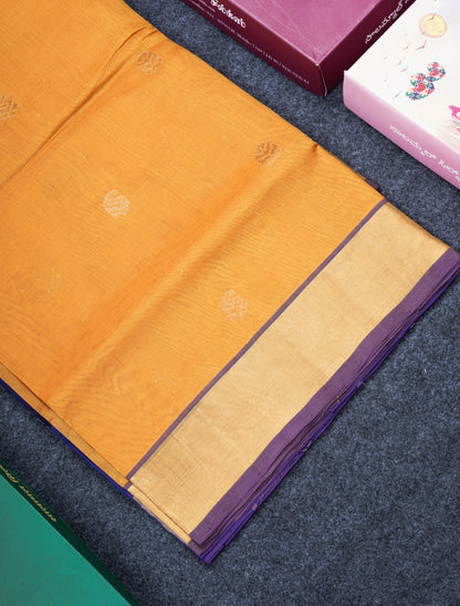 Mustard Yellow Pure Silk Cotton Saree With Contrast Violet Blouse
