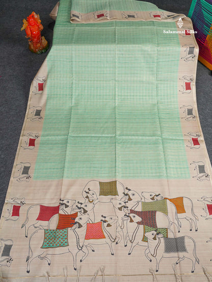 Semi Tussar Saree - Mint Green Colour Body With Contrast Half White Fancy Border