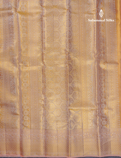 Beautiful Dark Sandal Tissue Bridal Pure Kanjivaram Silk Saree With Contrast Peach Fancy Border