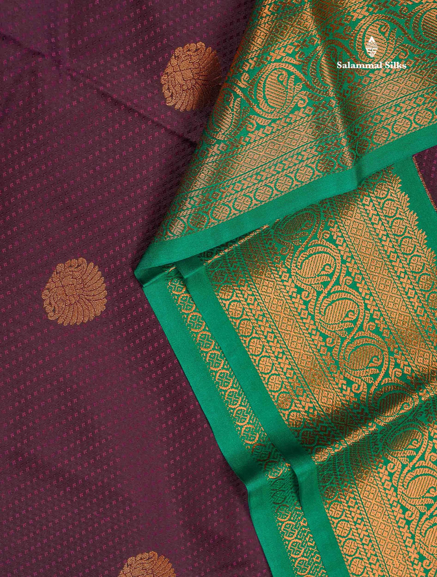 Semi Silk Saree - Dark Purple Colour Body Butta With Contrast  Sapphire Green Traditional Border