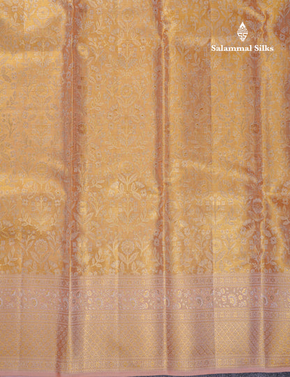 Beautiful Dark Sandal Tissue Bridal Pure Kanjivaram Silk Saree With Contrast Peach Fancy Border