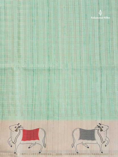 Semi Tussar Saree - Pastel Blue Colour Body With Contrast Half White Fancy Border