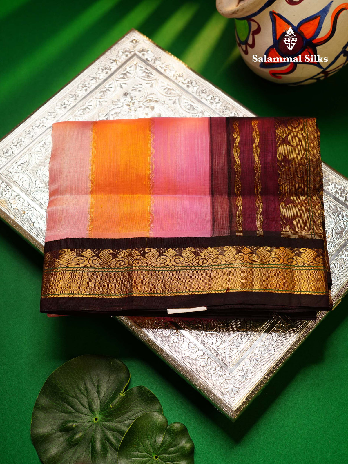 Beautiful Multicolour Pure Silk Cotton Saree With Contrast Dark Brown Traditional Border