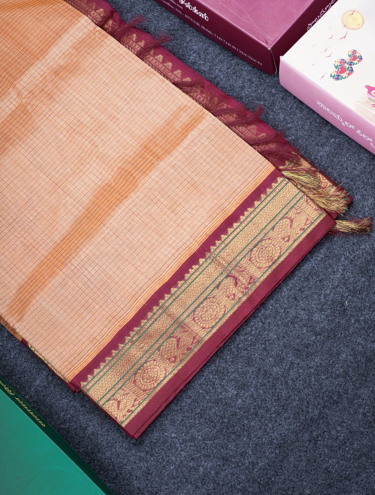Dark Sandal Tiny Checks Pure Silk Cotton Saree With Contrast Magenta Traditional Border