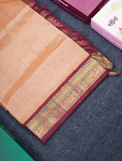 Dark Sandal Tiny Checks Pure Silk Cotton Saree With Contrast Magenta Traditional Border