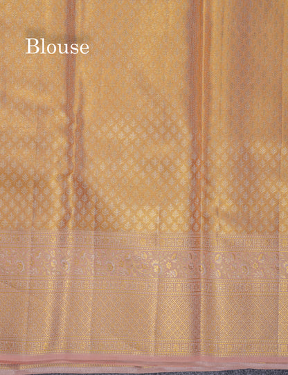 Beautiful Dark Sandal Tissue Bridal Pure Kanjivaram Silk Saree With Contrast Peach Fancy Border