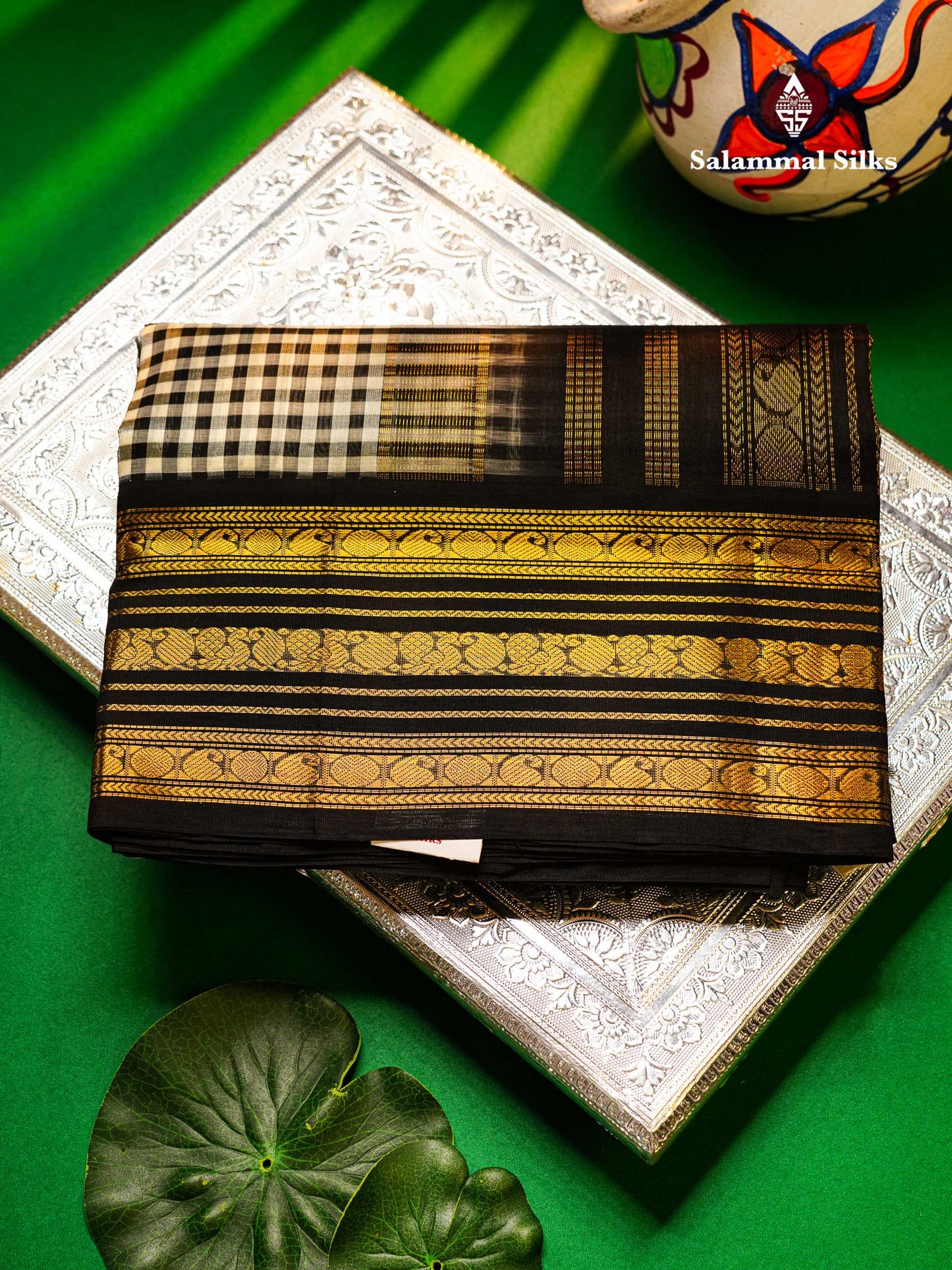 Beautiful Black & White Small Checks Pure Silk Cotton Saree With Contrast Black Traditional Border