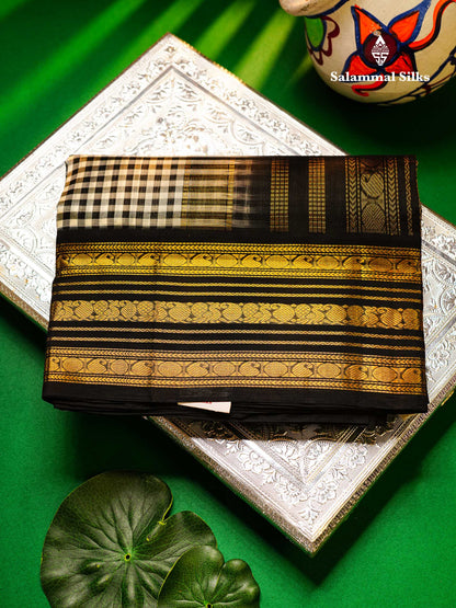 Beautiful Black & White Small Checks Pure Silk Cotton Saree With Contrast Black Traditional Border