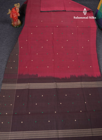 Beautiful Olive Mustard Yellow Thread Work Butta Handloom Pure Cotton Saree With Contrast Maroon Checks Border