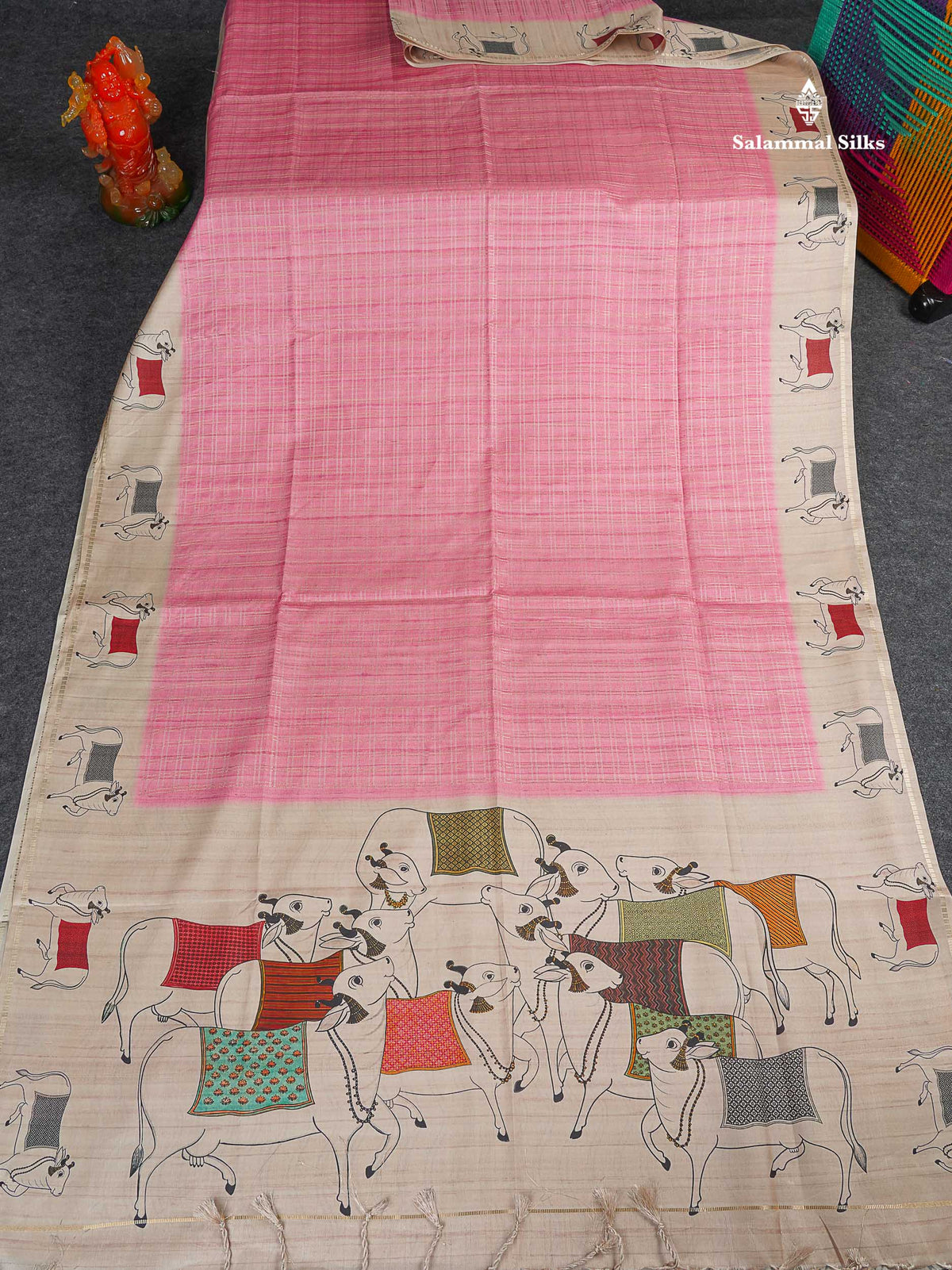 Semi Tussar Saree - Light Pink Colour Body With Contrast Half White Fancy Border