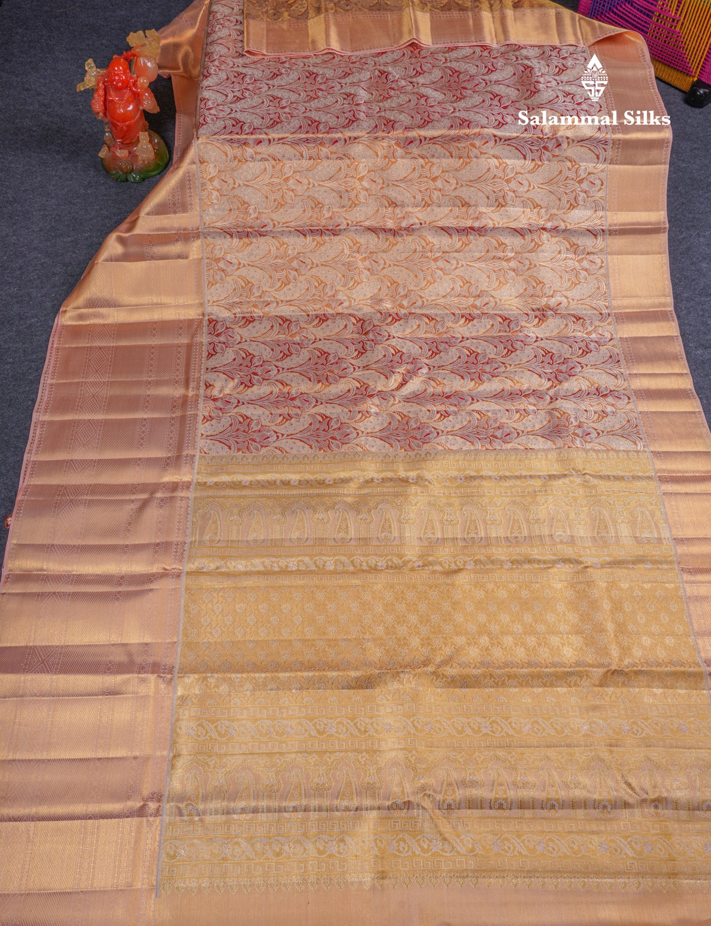 Beautiful Orange Tissue Bridal Pure Kanjivaram Silk Saree With Contrast Peach Traditional Evening Morning Border