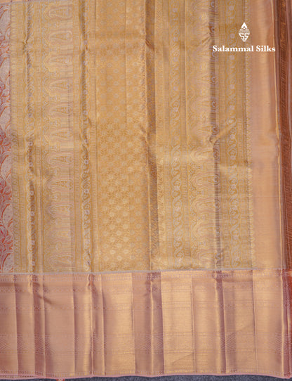 Beautiful Orange Tissue Bridal Pure Kanjivaram Silk Saree With Contrast Peach Traditional Evening Morning Border