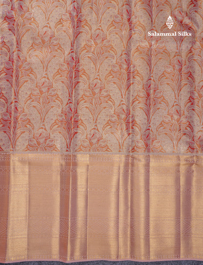 Beautiful Orange Tissue Bridal Pure Kanjivaram Silk Saree With Contrast Peach Traditional Evening Morning Border