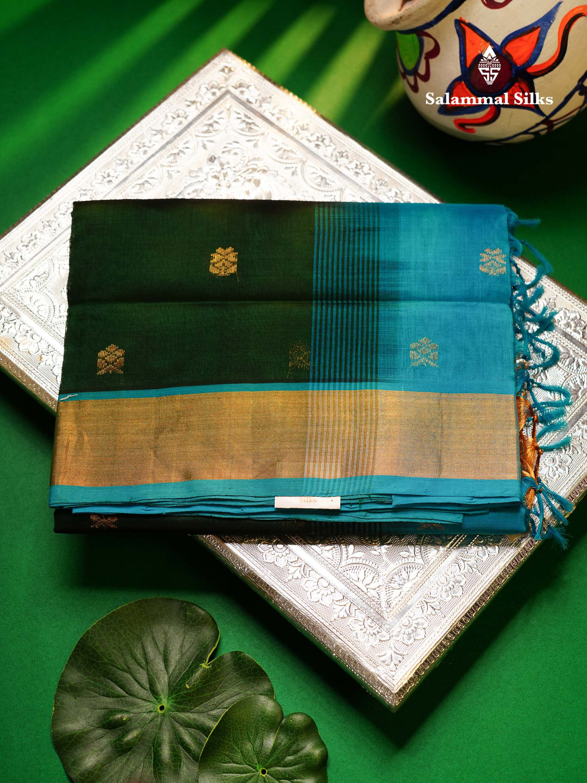 Dark Maroon Pure Silk Cotton Saree With Contrast Parrot Green Blouse