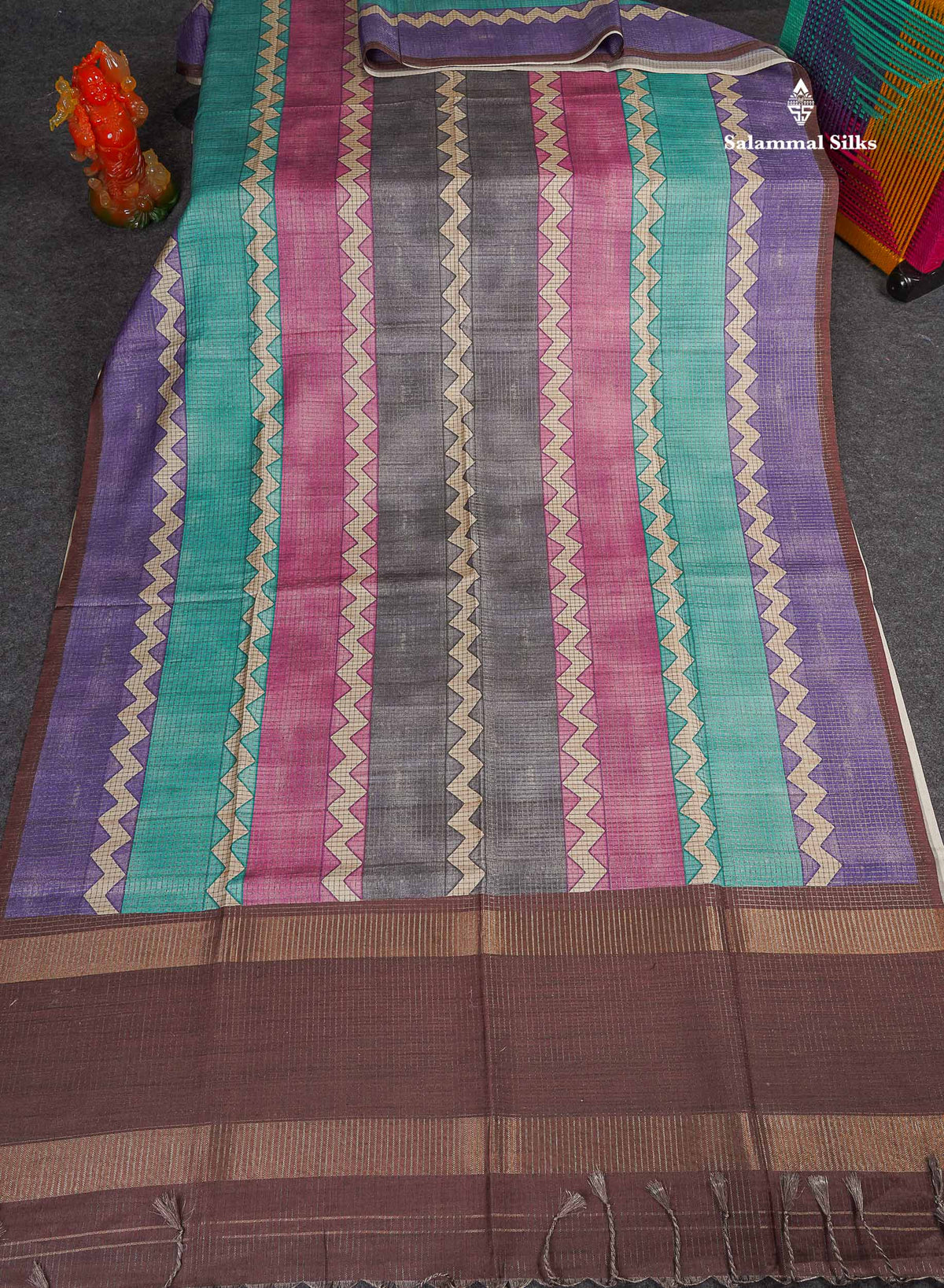 Semi Tussar Saree - MultiColour Body Small Checks With Zig Zag Design & Dark Brown Blouse 