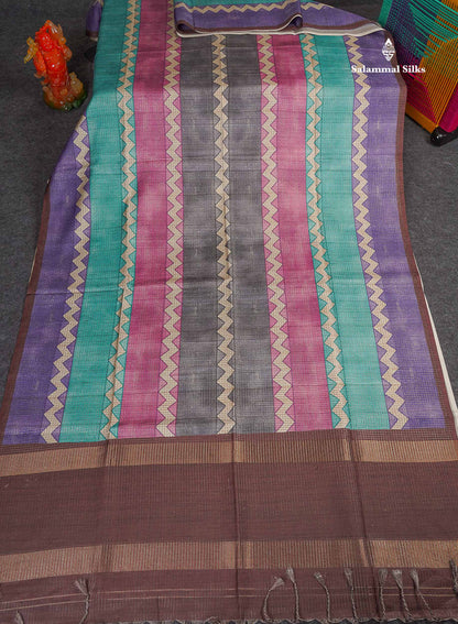 Semi Tussar Saree - MultiColour Body Small Checks With Zig Zag Design & Dark Brown Blouse 