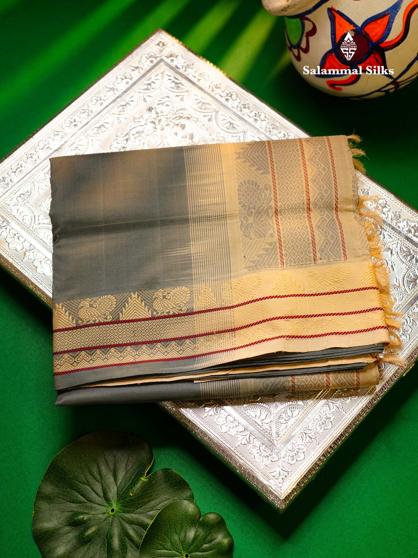 Blueish Grey Thread Work Plain Semi Silk Cotton Saree With Contrast Beige Blouse