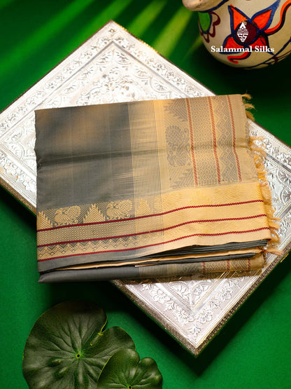 Blueish Grey Thread Work Plain Semi Silk Cotton Saree With Contrast Beige Blouse