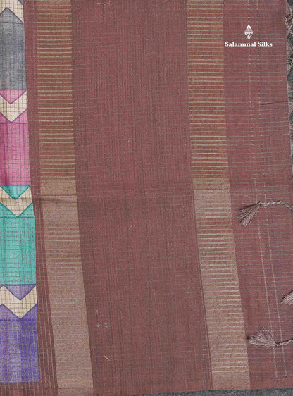 Semi Tussar Saree - MultiColour Body Small Checks With Zig Zag Design & Dark Brown Blouse