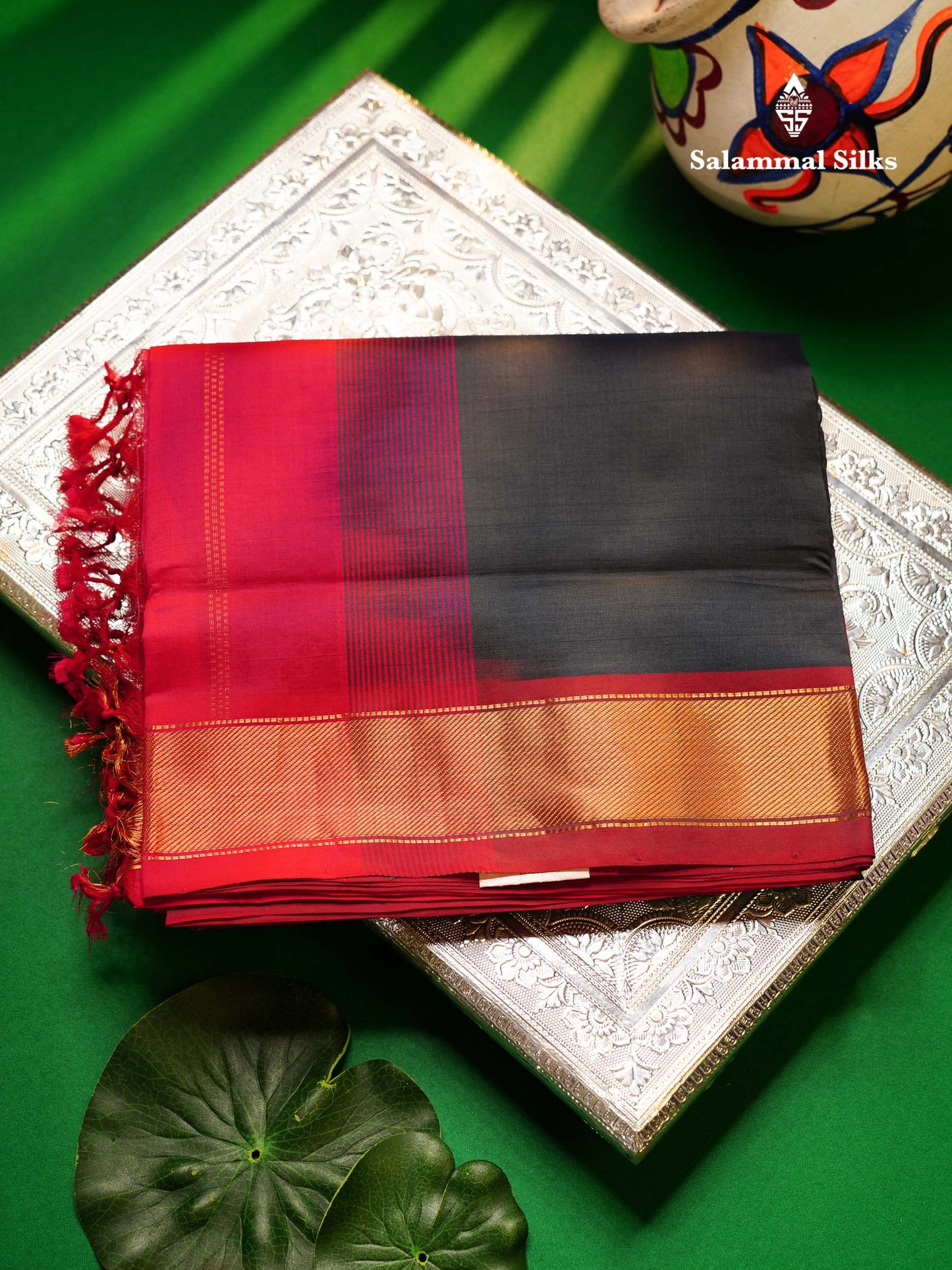 Dark Grey Plain Semi Silk Cotton Saree With Contrast Pink Blouse