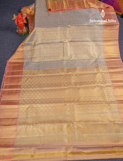 Beautiful Light Peach Tissue Bridal Pure Kanjivaram Silk Saree With Contrast Dark Peach Border